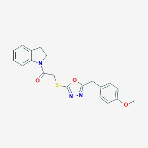 molecular formula C20H19N3O3S B358686 1-(2,3-dihydro-1H-indol-1-yl)-2-{[5-(4-methoxybenzyl)-1,3,4-oxadiazol-2-yl]sulfanyl}ethanone CAS No. 570374-79-7
