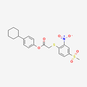 molecular formula C21H23NO6S2 B3587520 4-cyclohexylphenyl {[4-(methylsulfonyl)-2-nitrophenyl]thio}acetate 