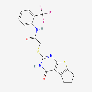 molecular formula C18H14F3N3O2S2 B3587694 2-({12-oxo-7-thia-9,11-diazatricyclo[6.4.0.0^{2,6}]dodeca-1(8),2(6),9-trien-10-yl}sulfanyl)-N-[2-(trifluoromethyl)phenyl]acetamide 