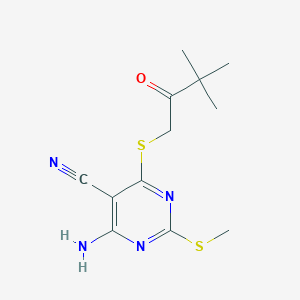 molecular formula C12H16N4OS2 B3590201 4-amino-6-[(3,3-dimethyl-2-oxobutyl)thio]-2-(methylthio)-5-pyrimidinecarbonitrile 