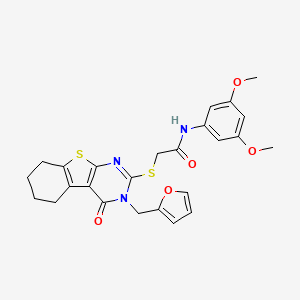 molecular formula C25H25N3O5S2 B3593509 N-(3,5-dimethoxyphenyl)-2-[3-(2-furylmethyl)-4-oxo(3,5,6,7,8-pentahydrobenzo[b]thiopheno[2,3-d]pyrimidin-2-ylthio)]acetamide 