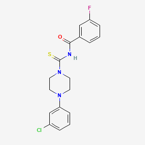 molecular formula C18H17ClFN3OS B3593612 N-{[4-(3-chlorophenyl)-1-piperazinyl]carbonothioyl}-3-fluorobenzamide 