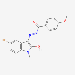 molecular formula C18H16BrN3O3 B3594336 N'-[(3Z)-5-BROMO-1,7-DIMETHYL-2-OXO-2,3-DIHYDRO-1H-INDOL-3-YLIDENE]-4-METHOXYBENZOHYDRAZIDE 