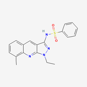 molecular formula C19H18N4O2S B3594514 N-{1-ETHYL-8-METHYL-1H-PYRAZOLO[3,4-B]QUINOLIN-3-YL}BENZENESULFONAMIDE 