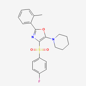 molecular formula C21H21FN2O3S B3595118 1-[4-[(4-fluorophenyl)sulfonyl]-2-(2-methylphenyl)-1,3-oxazol-5-yl]piperidine 