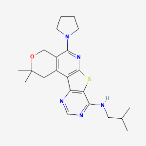 molecular formula C22H29N5OS B3595266 4,4-dimethyl-N-(2-methylpropyl)-8-pyrrolidin-1-yl-5-oxa-11-thia-9,14,16-triazatetracyclo[8.7.0.02,7.012,17]heptadeca-1(10),2(7),8,12(17),13,15-hexaen-13-amine 