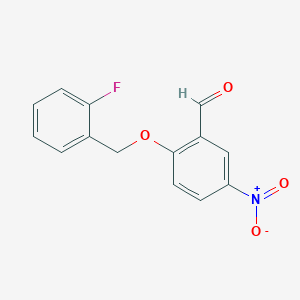 molecular formula C14H10FNO4 B3598535 2-[(2-Fluorophenyl)methoxy]-5-nitrobenzaldehyde 