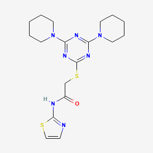 molecular formula C18H25N7OS2 B3599101 2-{[4,6-di(piperidin-1-yl)-1,3,5-triazin-2-yl]sulfanyl}-N-(1,3-thiazol-2-yl)acetamide 