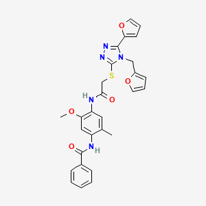 molecular formula C28H25N5O5S B3599185 N-[4-[[2-[[5-(furan-2-yl)-4-(furan-2-ylmethyl)-1,2,4-triazol-3-yl]sulfanyl]acetyl]amino]-5-methoxy-2-methylphenyl]benzamide 