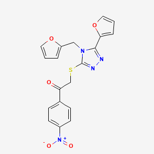 molecular formula C19H14N4O5S B3599192 2-[[5-(Furan-2-yl)-4-(furan-2-ylmethyl)-1,2,4-triazol-3-yl]sulfanyl]-1-(4-nitrophenyl)ethanone 