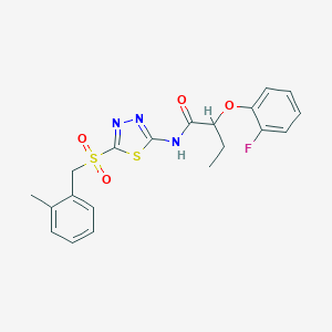molecular formula C20H20FN3O4S2 B360200 2-(2-fluorophenoxy)-N-{5-[(2-methylbenzyl)sulfonyl]-1,3,4-thiadiazol-2-yl}butanamide CAS No. 901659-86-7