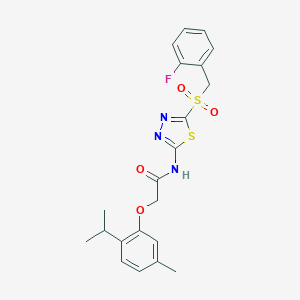 molecular formula C21H22FN3O4S2 B360223 N-(5-((2-fluorobenzyl)sulfonyl)-1,3,4-thiadiazol-2-yl)-2-(2-isopropyl-5-methylphenoxy)acetamide CAS No. 901659-78-7