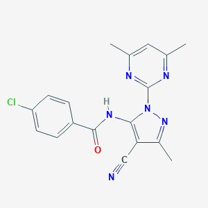 molecular formula C18H15ClN6O B360225 4-chloro-N-[4-cyano-1-(4,6-dimethyl-2-pyrimidinyl)-3-methyl-1H-pyrazol-5-yl]benzamide CAS No. 944788-47-0
