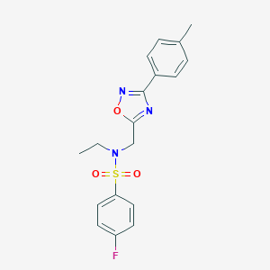 molecular formula C18H18FN3O3S B360264 N-ethyl-4-fluoro-N-{[3-(4-methylphenyl)-1,2,4-oxadiazol-5-yl]methyl}benzenesulfonamide CAS No. 891404-80-1