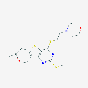 molecular formula C18H25N3O2S3 B360295 7,7-dimethyl-2-(methylsulfanyl)-4-{[2-(4-morpholinyl)ethyl]sulfanyl}-6,9-dihydro-7H-pyrano[3',4':4,5]thieno[3,2-d]pyrimidine CAS No. 903590-81-8