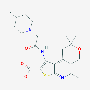 molecular formula C23H31N3O4S B360298 Methyl 8,12,12-trimethyl-3-[[2-(4-methylpiperidin-1-yl)acetyl]amino]-11-oxa-5-thia-7-azatricyclo[7.4.0.02,6]trideca-1,3,6,8-tetraene-4-carboxylate CAS No. 903866-78-4