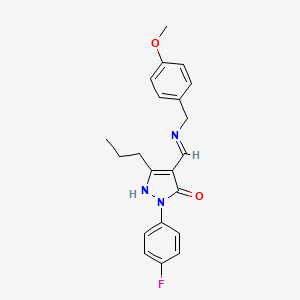 molecular formula C21H22FN3O2 B3606305 2-(4-fluorophenyl)-4-{[(4-methoxybenzyl)imino]methyl}-5-propyl-1,2-dihydro-3H-pyrazol-3-one 