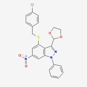 molecular formula C23H18ClN3O4S B3606582 4-[(4-chlorobenzyl)thio]-3-(1,3-dioxolan-2-yl)-6-nitro-1-phenyl-1H-indazole 