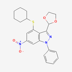 molecular formula C22H23N3O4S B3606620 4-(cyclohexylthio)-3-(1,3-dioxolan-2-yl)-6-nitro-1-phenyl-1H-indazole 