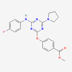 molecular formula C21H20FN5O3 B3607181 methyl 4-{[4-[(4-fluorophenyl)amino]-6-(1-pyrrolidinyl)-1,3,5-triazin-2-yl]oxy}benzoate 
