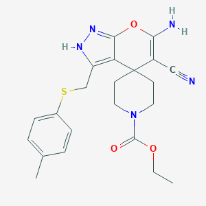 ethyl 6-amino-5-cyano-3-[(4-methylphenyl)sulfanylmethyl]spiro[2H-pyrano[2,3-c]pyrazole-4,4'-piperidine]-1'-carboxylate