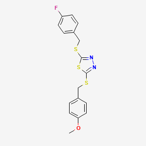 molecular formula C17H15FN2OS3 B3613565 2-[(4-Fluorobenzyl)sulfanyl]-5-[(4-methoxybenzyl)sulfanyl]-1,3,4-thiadiazole 