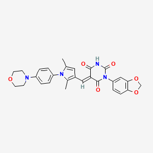 molecular formula C28H26N4O6 B3613947 1-(1,3-benzodioxol-5-yl)-5-({2,5-dimethyl-1-[4-(4-morpholinyl)phenyl]-1H-pyrrol-3-yl}methylene)-2,4,6(1H,3H,5H)-pyrimidinetrione 