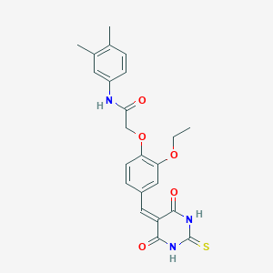 molecular formula C23H23N3O5S B3614110 N~1~-(3,4-DIMETHYLPHENYL)-2-(4-{[4,6-DIOXO-2-THIOXOTETRAHYDRO-5(2H)-PYRIMIDINYLIDEN]METHYL}-2-ETHOXYPHENOXY)ACETAMIDE 