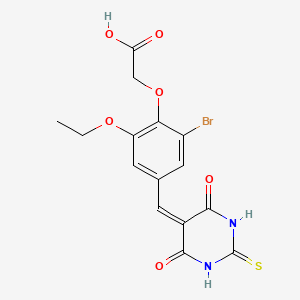 molecular formula C15H13BrN2O6S B3614488 2-[2-Bromo-4-[(4,6-dioxo-2-sulfanylidene-1,3-diazinan-5-ylidene)methyl]-6-ethoxyphenoxy]acetic acid 