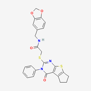 N-[(2H-1,3-benzodioxol-5-yl)methyl]-2-({12-oxo-11-phenyl-7-thia-9,11-diazatricyclo[6.4.0.0^{2,6}]dodeca-1(8),2(6),9-trien-10-yl}sulfanyl)acetamide