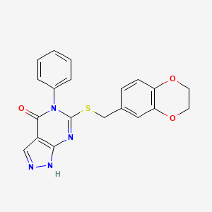 molecular formula C20H16N4O3S B3615400 6-[(2,3-dihydro-1,4-benzodioxin-6-ylmethyl)thio]-5-phenyl-1,5-dihydro-4H-pyrazolo[3,4-d]pyrimidin-4-one 