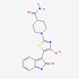 molecular formula C17H16N4O3S B3615717 1-[4-oxo-5-(2-oxo-1,2-dihydro-3H-indol-3-ylidene)-4,5-dihydro-1,3-thiazol-2-yl]-4-piperidinecarboxamide 