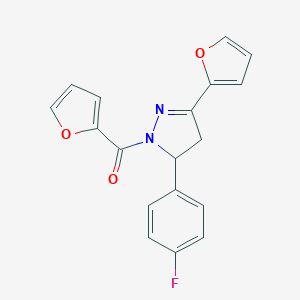 molecular formula C18H13FN2O3 B361600 (5-(4-fluorophenyl)-3-(furan-2-yl)-4,5-dihydro-1H-pyrazol-1-yl)(furan-2-yl)methanone CAS No. 900134-13-6