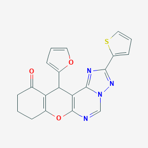 molecular formula C20H14N4O3S B361642 12-(2-furyl)-2-(2-thienyl)-8,9,10,12-tetrahydro-11H-chromeno[3,2-e][1,2,4]triazolo[1,5-c]pyrimidin-11-one CAS No. 879568-86-2