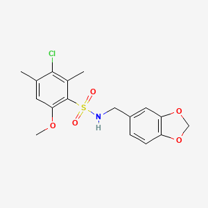 molecular formula C17H18ClNO5S B3617196 N-(1,3-benzodioxol-5-ylmethyl)-3-chloro-6-methoxy-2,4-dimethylbenzenesulfonamide 