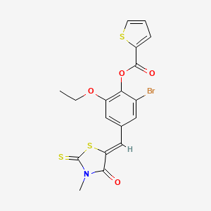 molecular formula C18H14BrNO4S3 B3623458 2-bromo-6-ethoxy-4-[(3-methyl-4-oxo-2-thioxo-1,3-thiazolidin-5-ylidene)methyl]phenyl 2-thiophenecarboxylate 