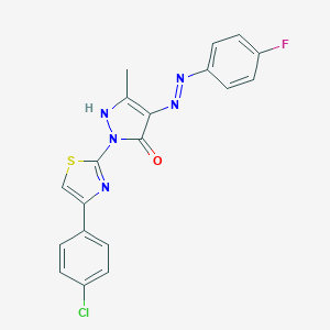 molecular formula C19H13ClFN5OS B362370 (E)-1-(4-(4-chlorophenyl)thiazol-2-yl)-4-(2-(4-fluorophenyl)hydrazono)-3-methyl-1H-pyrazol-5(4H)-one 