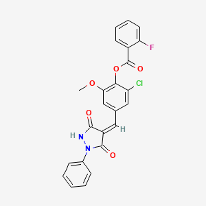 molecular formula C24H16ClFN2O5 B3624580 2-chloro-4-[(3,5-dioxo-1-phenyl-4-pyrazolidinylidene)methyl]-6-methoxyphenyl 2-fluorobenzoate 