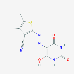 molecular formula C11H9N5O3S B362484 4,5-dimethyl-2-(2-(2,4,6-trioxotetrahydropyrimidin-5(2H)-ylidene)hydrazinyl)thiophene-3-carbonitrile 