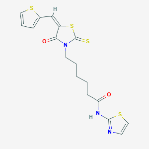 molecular formula C17H17N3O2S4 B362502 (E)-6-(4-oxo-5-(thiophen-2-ylmethylene)-2-thioxothiazolidin-3-yl)-N-(thiazol-2-yl)hexanamide CAS No. 613224-97-8