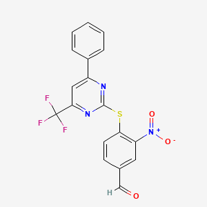 molecular formula C18H10F3N3O3S B3625041 3-nitro-4-{[4-phenyl-6-(trifluoromethyl)-2-pyrimidinyl]thio}benzaldehyde 