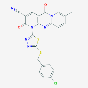 molecular formula C22H13ClN6O2S2 B362537 7-(5-{[(4-Chlorophenyl)methyl]sulfanyl}-1,3,4-thiadiazol-2-yl)-13-methyl-2,6-dioxo-1,7,9-triazatricyclo[8.4.0.0^{3,8}]tetradeca-3(8),4,9,11,13-pentaene-5-carbonitrile CAS No. 879955-08-5