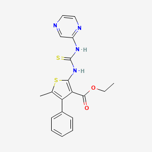 molecular formula C19H18N4O2S2 B3625675 ethyl 5-methyl-4-phenyl-2-{[(2-pyrazinylamino)carbonothioyl]amino}-3-thiophenecarboxylate 