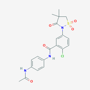molecular formula C20H20ClN3O5S B362609 N-[4-(acetylamino)phenyl]-2-chloro-5-(4,4-dimethyl-1,1-dioxido-3-oxo-1,2-thiazolidin-2-yl)benzamide CAS No. 919675-87-9