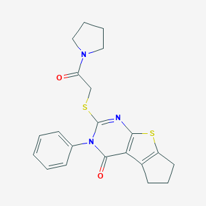 molecular formula C21H21N3O2S2 B362835 10-(2-Oxo-2-pyrrolidin-1-ylethyl)sulfanyl-11-phenyl-7-thia-9,11-diazatricyclo[6.4.0.02,6]dodeca-1(8),2(6),9-trien-12-one CAS No. 496027-18-0