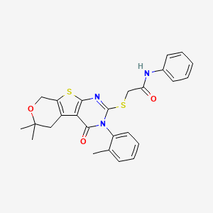 2-[[12,12-dimethyl-4-(2-methylphenyl)-3-oxo-11-oxa-8-thia-4,6-diazatricyclo[7.4.0.02,7]trideca-1(9),2(7),5-trien-5-yl]sulfanyl]-N-phenylacetamide