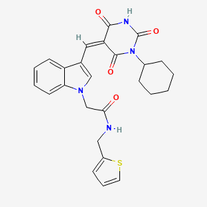 2-[3-[(Z)-(1-cyclohexyl-2,4,6-trioxo-1,3-diazinan-5-ylidene)methyl]indol-1-yl]-N-(thiophen-2-ylmethyl)acetamide