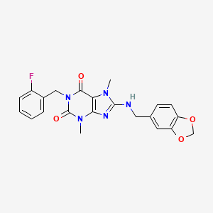 molecular formula C22H20FN5O4 B3631521 8-{[(2H-1,3-BENZODIOXOL-5-YL)METHYL]AMINO}-1-[(2-FLUOROPHENYL)METHYL]-3,7-DIMETHYL-2,3,6,7-TETRAHYDRO-1H-PURINE-2,6-DIONE 