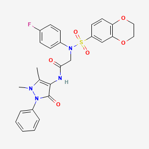 molecular formula C27H25FN4O6S B3633026 N~2~-(2,3-dihydro-1,4-benzodioxin-6-ylsulfonyl)-N-(1,5-dimethyl-3-oxo-2-phenyl-2,3-dihydro-1H-pyrazol-4-yl)-N~2~-(4-fluorophenyl)glycinamide 