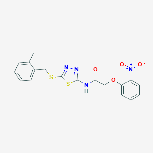 molecular formula C18H16N4O4S2 B363404 N-[5-[(2-methylphenyl)methylsulfanyl]-1,3,4-thiadiazol-2-yl]-2-(2-nitrophenoxy)acetamide CAS No. 874355-10-9